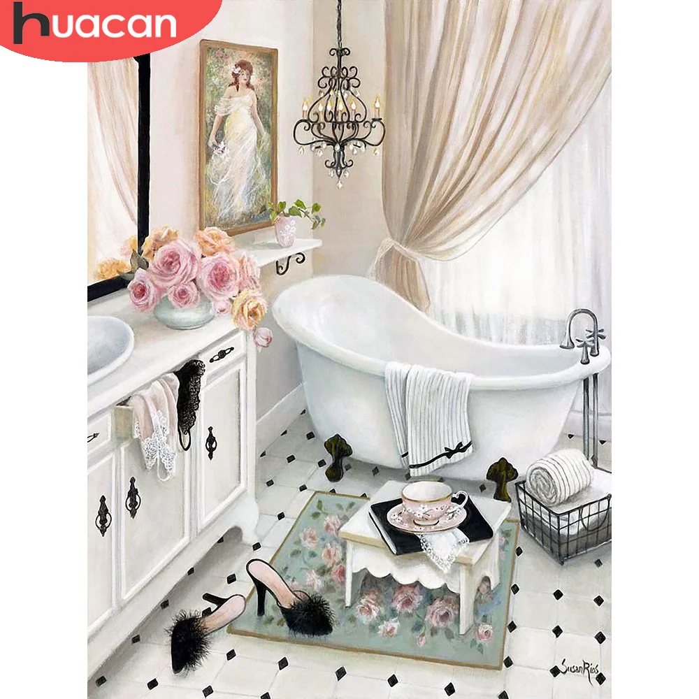 HUACAN Diamond Painting Toilet Full Square Round Mosaic Landscape DIY Embroidery Set Bathroom Home Decoration Gift