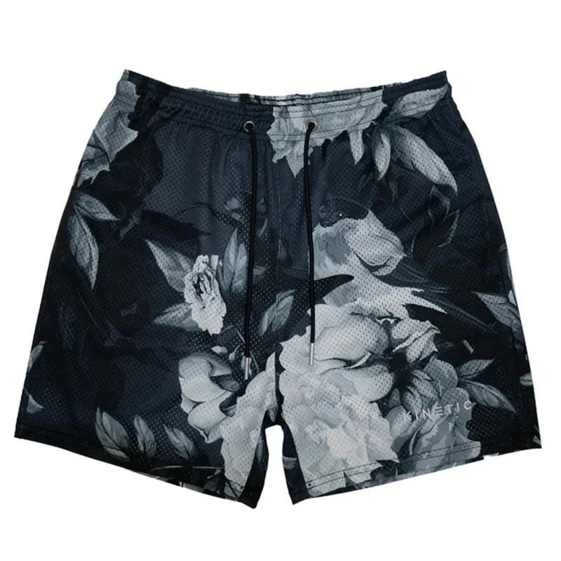 Summer New Men's Shorts Rose Design Casual Shorts Street Hip Hop Fitness Quick Dry Mesh Fabric Breathable Embroidered Shorts 5