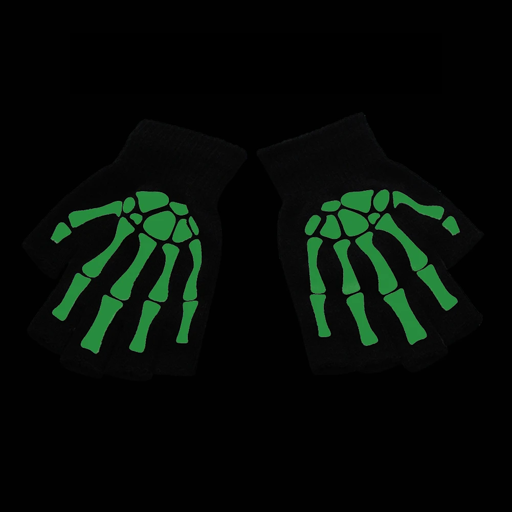 Glow Gloves Adult Kids Halloween Skeleton Skull Half Finger Luminous Gloves Winter Skull Fingerless Mitten Event Party Festive Cycling