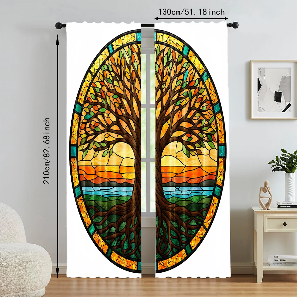 2pc, Window Drapes Bohemian tree pattern Versatile Fabric,Without Electricity Birthday Party Perfect for Holiday Decor 5