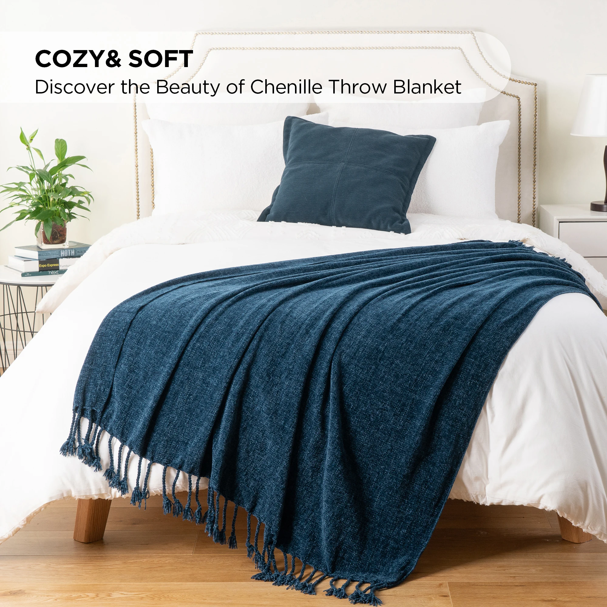 Battilo Chenille Throw Blanket With Fringe Tassels Decorative Lightweight Sofa Blanket Soft Cozy Knit Throws for Spring Decor