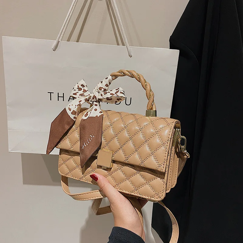 

2022 New Fashion Yellow Small Square Handbags For Women With Scarf Short Handle Cute Shoulder Bags Lipstick Bag Phone Coin Purse