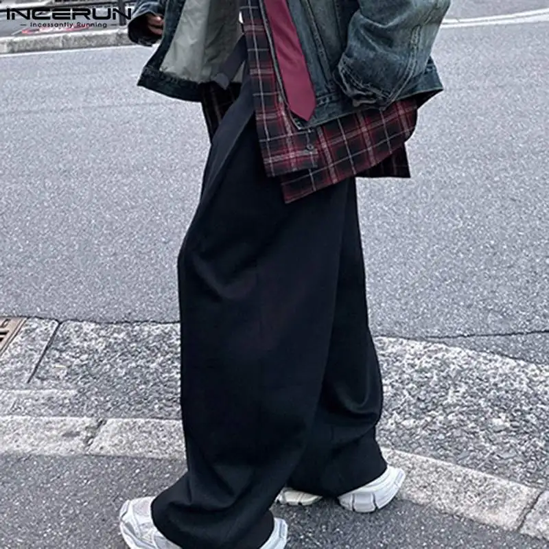 INCERUN S-5XL 남성용 캐주얼 스트레이트 팬츠, 단색, 루즈 단추 조거, 스트레이트 팬츠, 한국 스타일, 2024