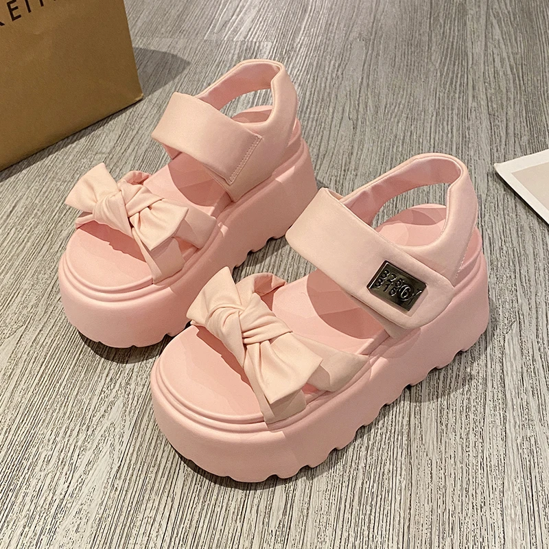 Aphixta Sweet 8cm Heels Platform Sandals Butterfly Knot Hook Loop Women Wedge Heel Shoes Thick Bottom Sandals Woman Luxury