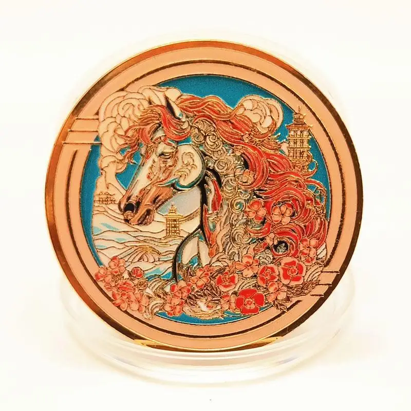Colorful Zodiac Chinese Horse Souvenir Coin Commemorative Lucky Challenge Coin Collection Gifts With Protective Case