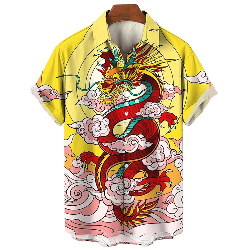 

Men's Hawaiian Oversized Short Sleeve Shirts 3D Dragon Printed Harajuku Fashion Buttoned Christmas Anime Vintage Streetwear Hot