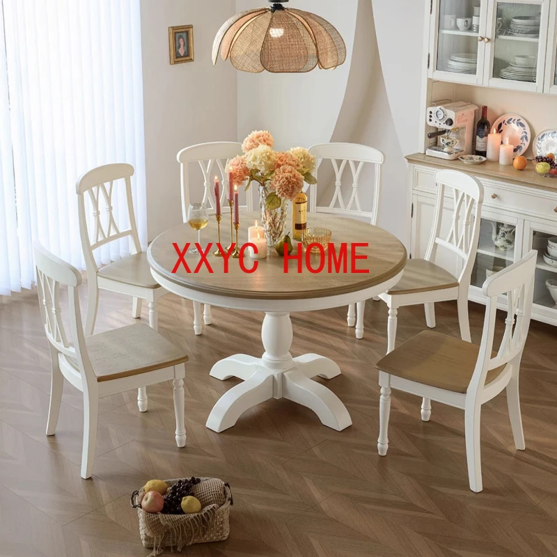 

Solid Wood Household White Round Table Dining Tables and Chairs Set