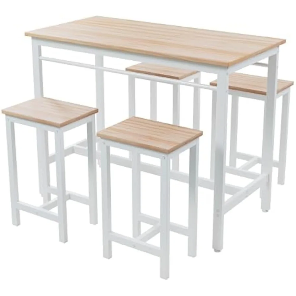 Kitchen Table Set for 4, Modern High Top Table with 4 High Bar Stools, 5-Piece Counter Height Dining Table Set White Oak 6