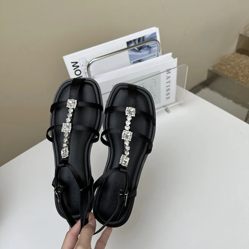 

Summer New Square Toe Women Sandals Crystal Decorative Women Flat Sandal Sexy Shoes Women's Elgenat Dress Party Gladiator Shoes