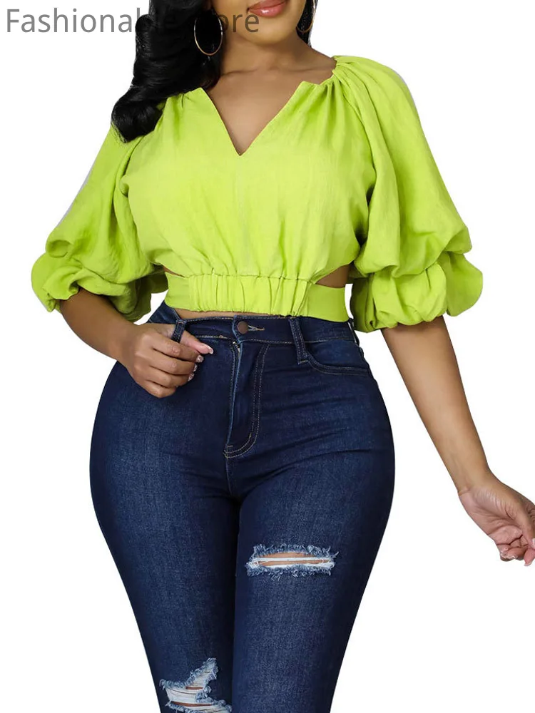 

Women Solid Color V-Neck Flare Sleeve Casual Short Blouse