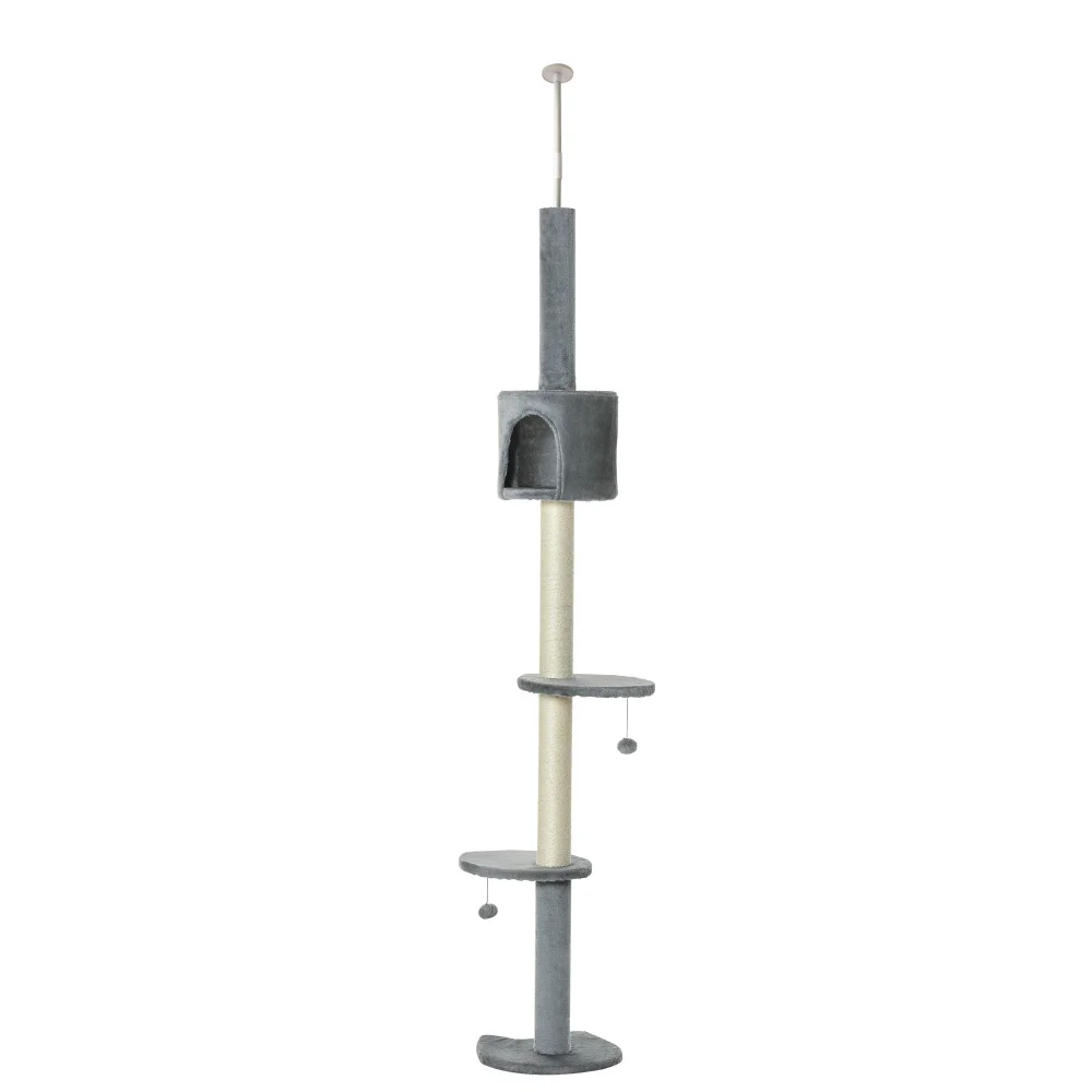 PawHut 85.5"Cat Tree Height Adjustable Floor-to-Ceiling 4-Tier Kitty Climbing Activity Center Condo Toy with Scratching Post
