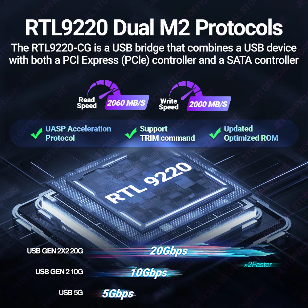 JEYI 20Gbps RGB M.2 NVMe SSD Enclosure USB 3.2 GEN2x2 Support UASP Trim 4TB Capacity Aluminum Alloy Case 9220 Chip PCIe NVMe
