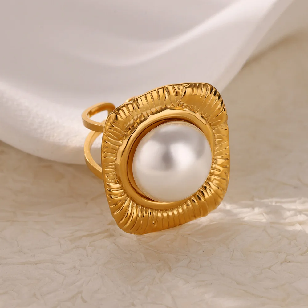 Pearl Jewelry Imitation Gold Color Geometric Rings Womens Engagement Gift