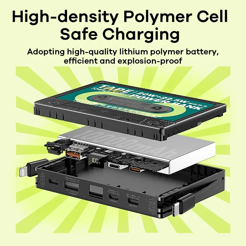 Tape Series 20W+22.5W PD Quick Charge Cabled Fast Charging Power Bank 10000mAh Retro Design Power Bank with Dual Wires