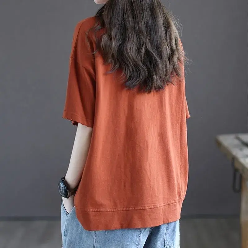 Summer New Plus Size All-match T Shirts Short Sleeve Pocket Patchwork Solid Color Loose Tops Street Casual Vintage Women Clothes