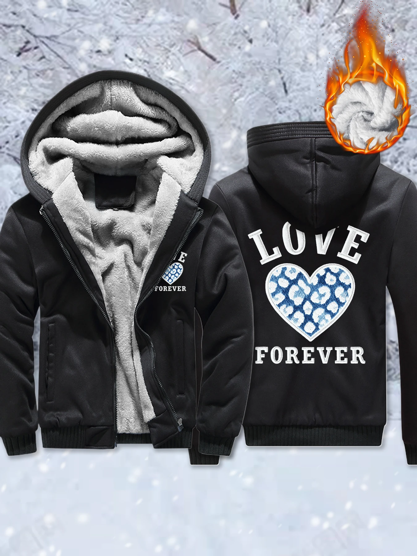 מעילים עבים עם הדפס ליאופרד יצירתי עם דוגמת אהבה לנצח לנשים, פליז גדול עם רוכסן לחורף, ג'קטים קז'ואליים