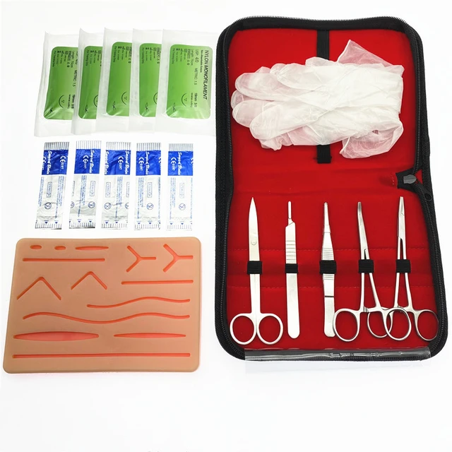 Surgicalonline Kit de herramientas de acero inoxidable de 15 piezas con  hoja de sutura de entrenamiento con bisturí de 10 cuchillas, para  estudiantes