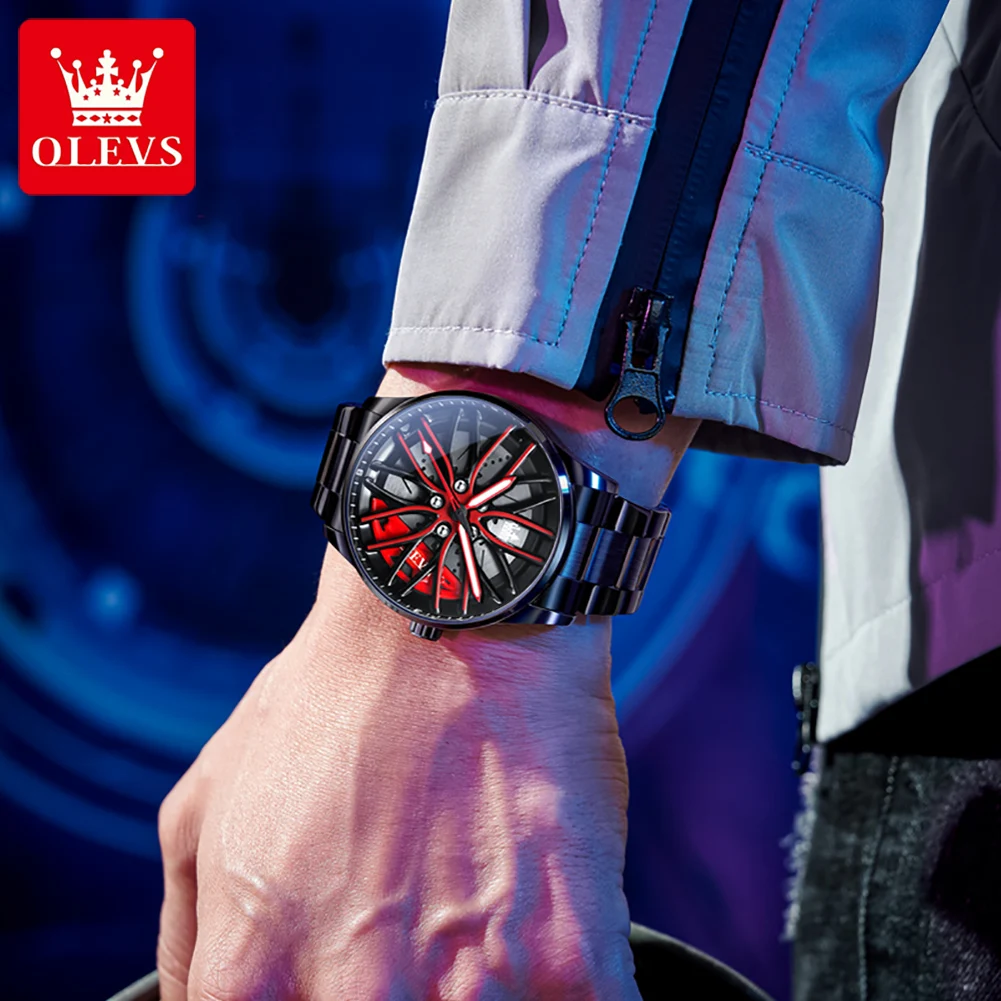 OLEVS Luxury Wheel Men's Watch Waterproof Rotary Sport Car Rim Man Quartz Watch High Quality Fashion Best Selling Luminous Watch 4