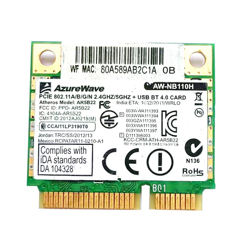 ATHEROS 무선 카드 안테나, 삼성, 델, ACER, 도시바, ASUS, MSI용 와이파이 블루투스 4.0, AR5B22, 300Mbps, 2.4G, 5G
