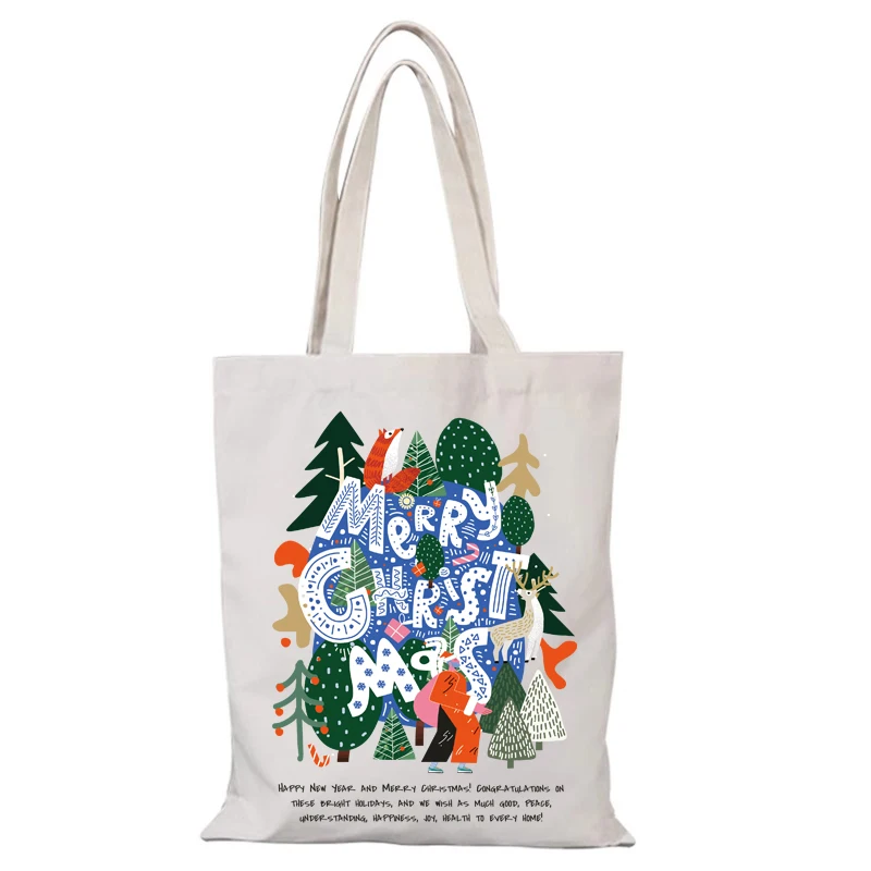 Canvas Tasche Frohe Weihnachten Handtaschen Cartoon Neujahr Geschenk Stofftaschen die Einkaufstasche Frau Damen Eco Shopper Shopping Handtasche Mann – Detail 8