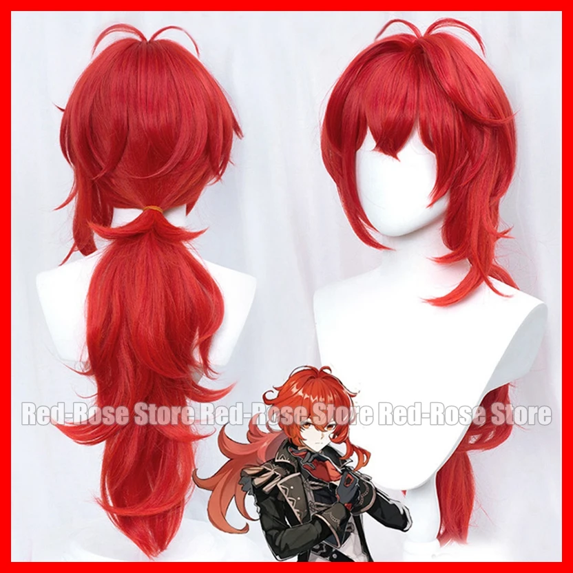 

Diluc Wig Genshin Impact Cosplay Red Hair Long Curly Styled Heat Resistant for Adult Men Women Halloween Role Play + Wig Cap