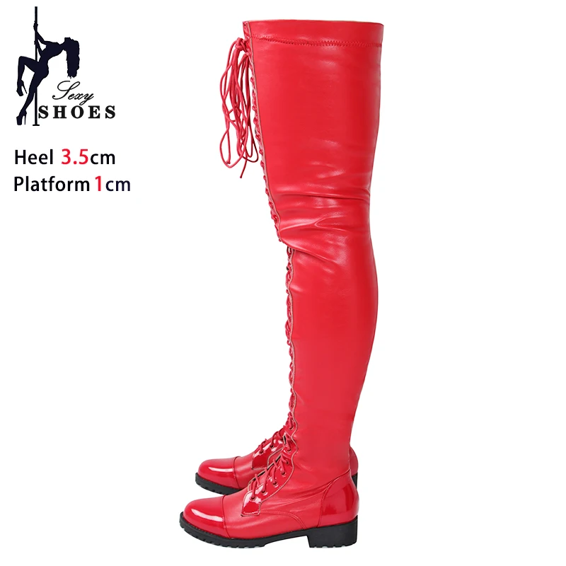 

Ботинки рыцарские женские на низком каблуке, пикантная обувь из эластичной кожи, облегающие ботфорты на шнуровке, красные, размеры 44 45, для зимы