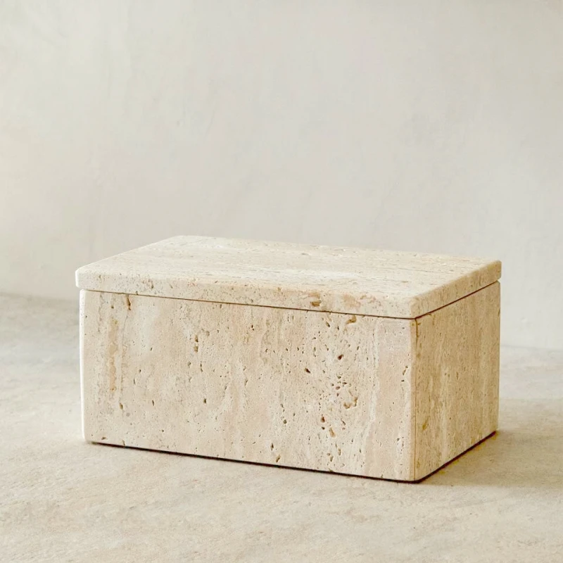 

19*11*9.5CM Ins Wind Natural Marble Rectangle Porch Bathroom Vanity Sundries Storage Box Jar with Lid Yellow Travertine Stone