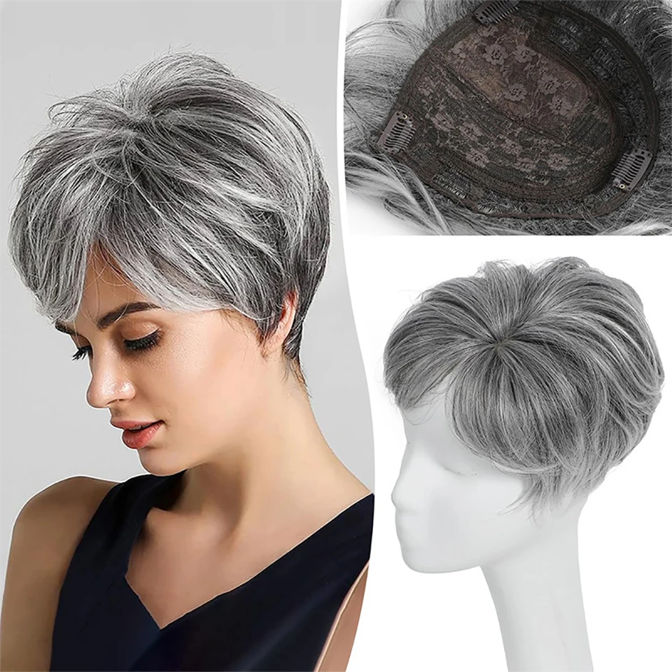 Topper per capelli corti da donna con capelli diradati, taglio pixie, extension sintetiche naturali per uso quotidiano - immagine 2