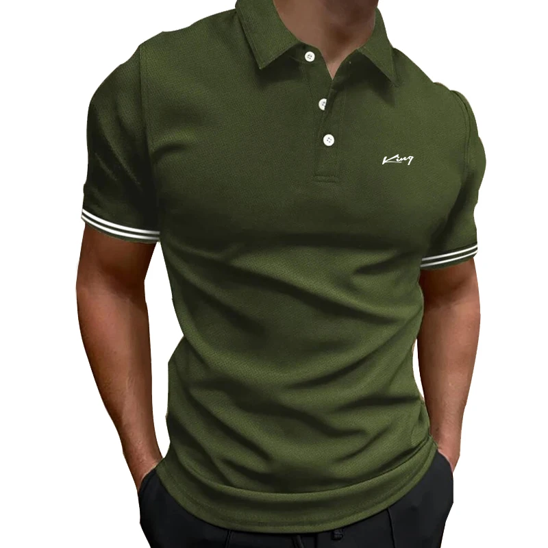 Polo da uomo a tinta unita con polsini a righe, colletto con bottoni, maniche corte, vestibilità slim, casual per tutti i giorni - immagine 2