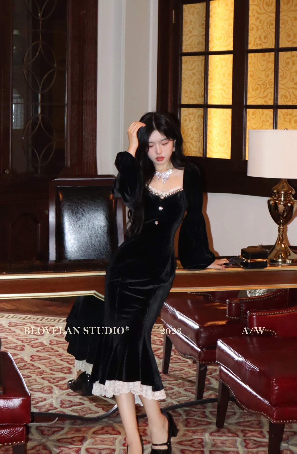 Elegant Black Velvet Midi Dresses for Women Square Collar Slim Bodycon Ruffles Patchwork Fishtail Autumn New Evening Party Dress