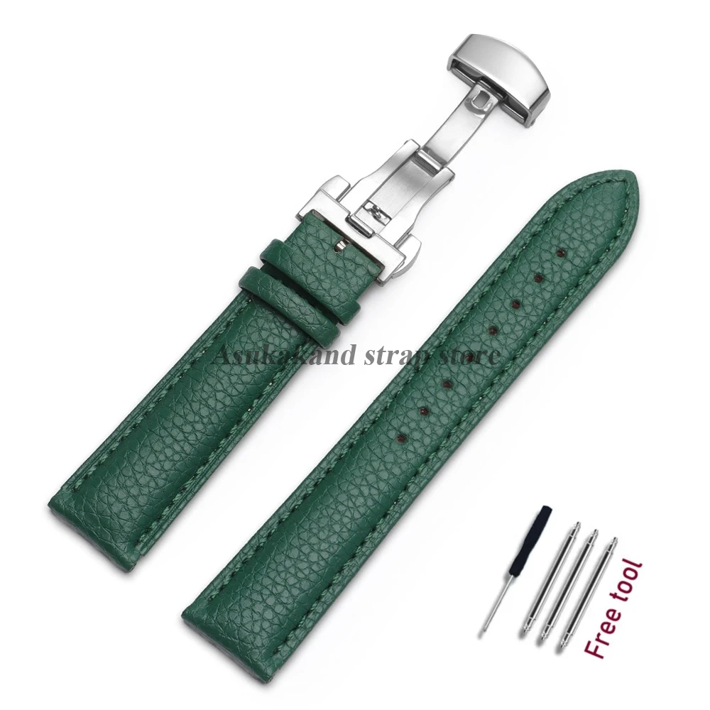Premium Calfskin Litchi Leather Watch Strap with Butterfly Buckle