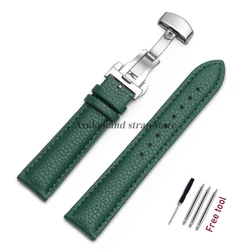 Premium Calfskin Litchi Leather Watch Strap with Butterfly Buckle - 22mm (Green)