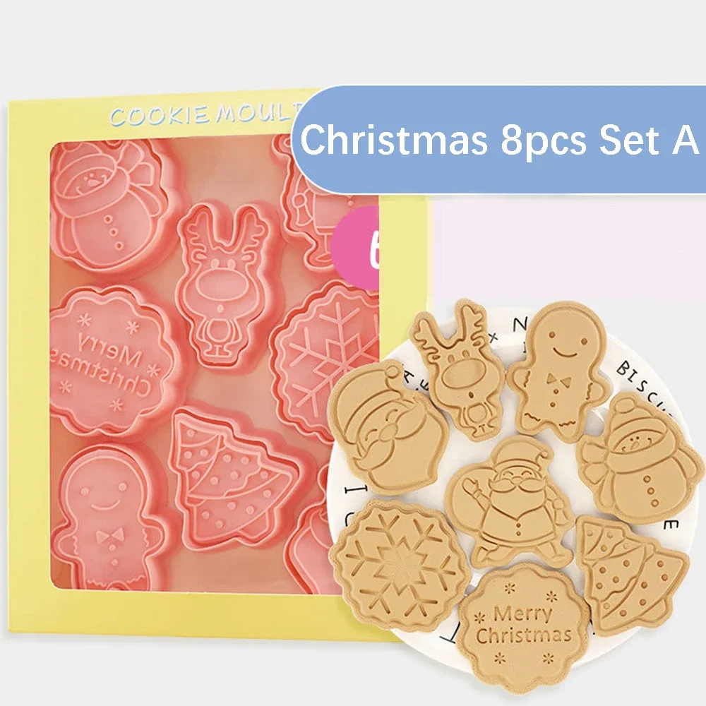 8Pcs Christmas Cookie Cutters Santa Claus Snowflake Cookie Molds Biscuits Embosser Stamp Christmas Baking Accessories Decoration