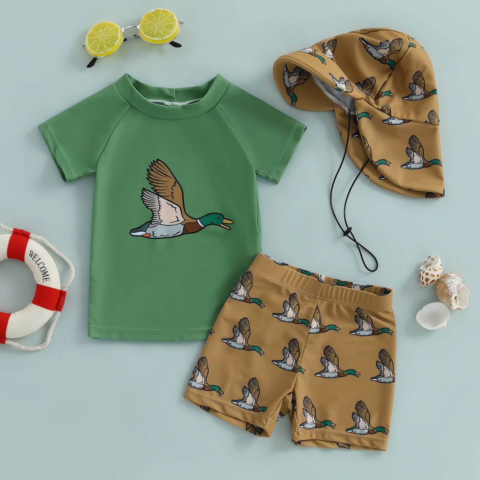 Infant Boys Summer Swimwear Fashion Children Swimsuit Shark/Duck Print Short Sleeve Bathing Suit Swim Hat 3 Pcs Set