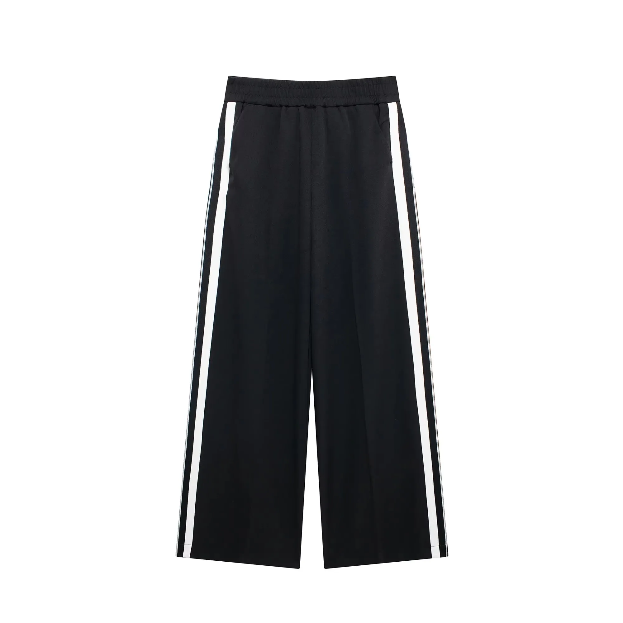 HH Women Fashion Side Stripe Coat Pant Set Long Sleeve Zipper Jacket Elastic Waist Wide Leg Pants High Street Lady Outfit