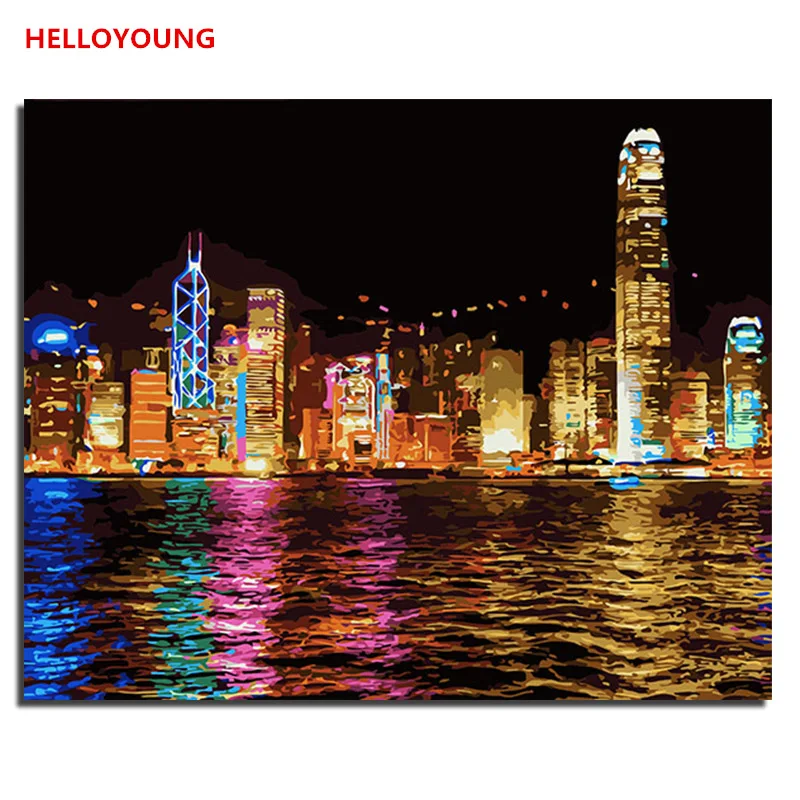 Helloyoung Diy Handpainted Oil Painting Hong Kong Night Digital