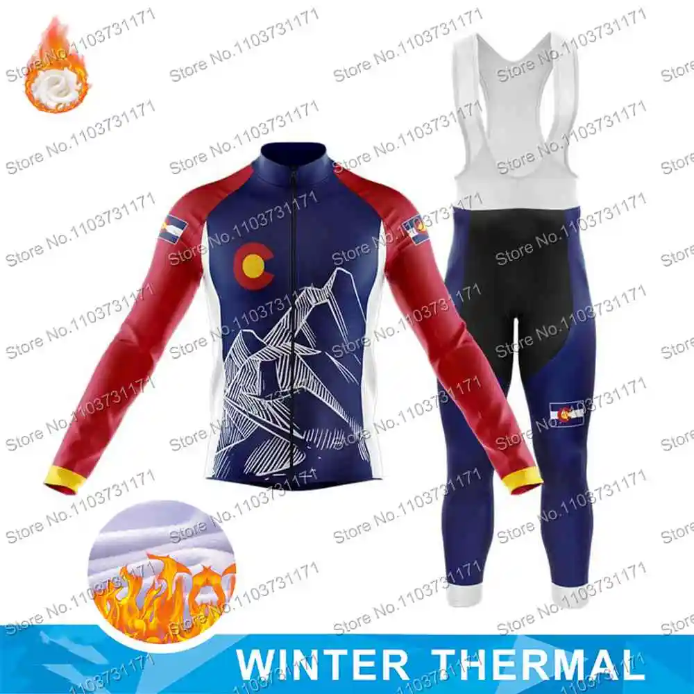 Winter Fleece Colorado Flag Cycling Jersey Set Colorado Mountain Clothing Road Bike Shirts Suit Bicycle Bib Pant MTB Maillot