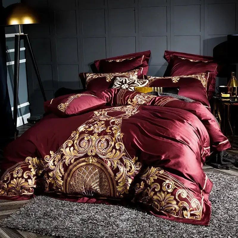 

Роскошный комплект постельного белья 1000TC из египетского хлопка, пододеяльник, простыня, подушка, потертый шикарный комплект постельного белья с вышивкой, красный, серый, США, королева