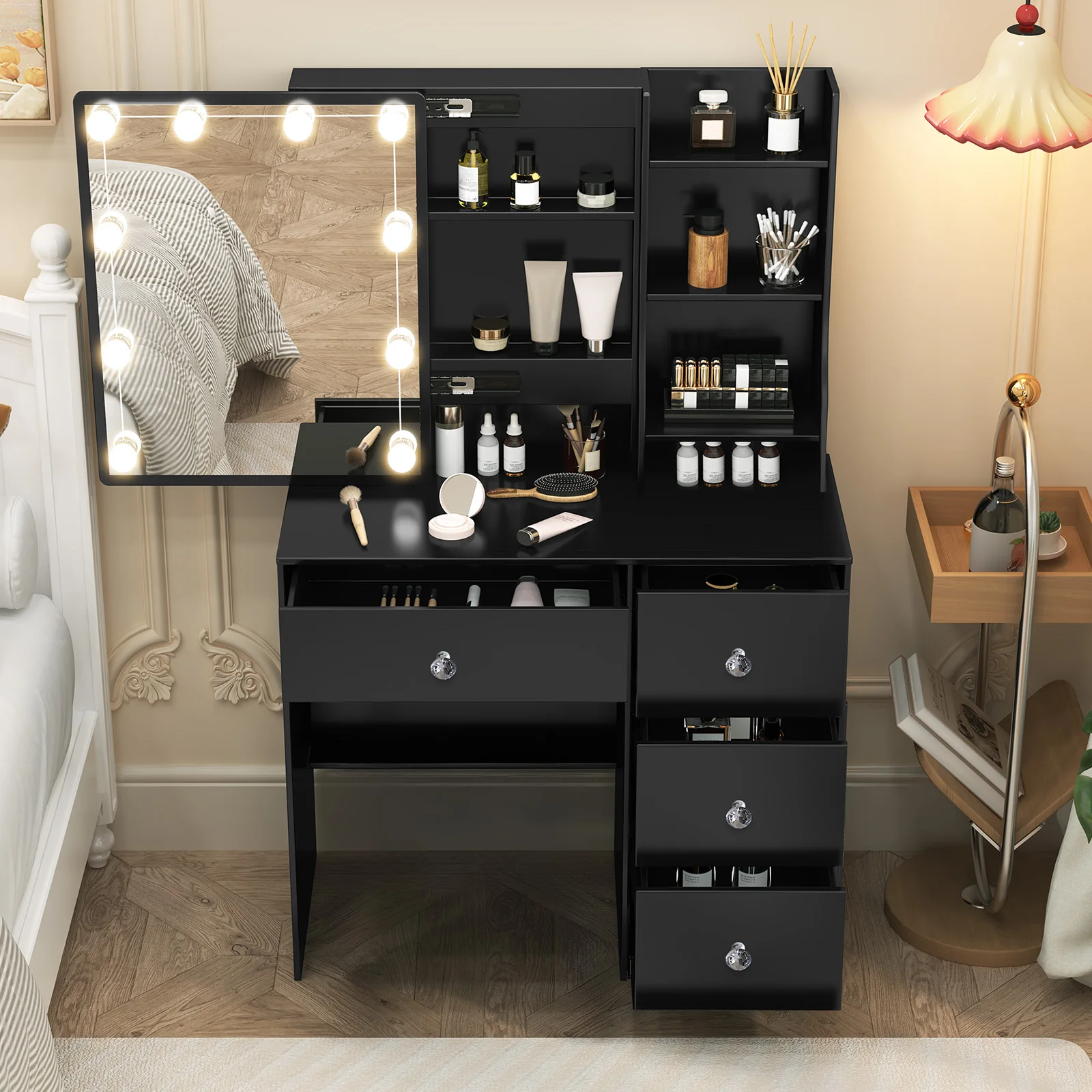 Elegant wooden dressing table with illuminated mirror: 3 dimmable settings, drawers & hidden storage