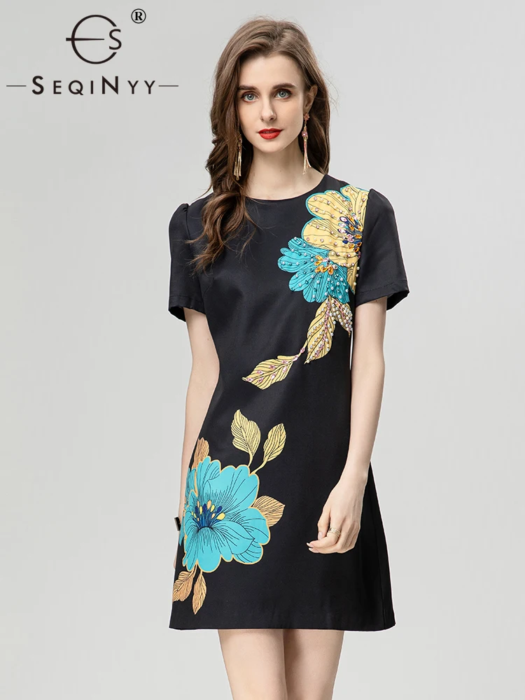 

SEQINYY Elegant Mini Dress Summer Spring New Fashion Design Women Runway High Street Beading Vintage Flower Print Casual