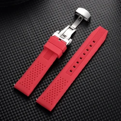 Premium Waterproof Silicone Watch Band with Butterfly Buckle - Soft Rubber Strap Replacement - 22mm (Red)