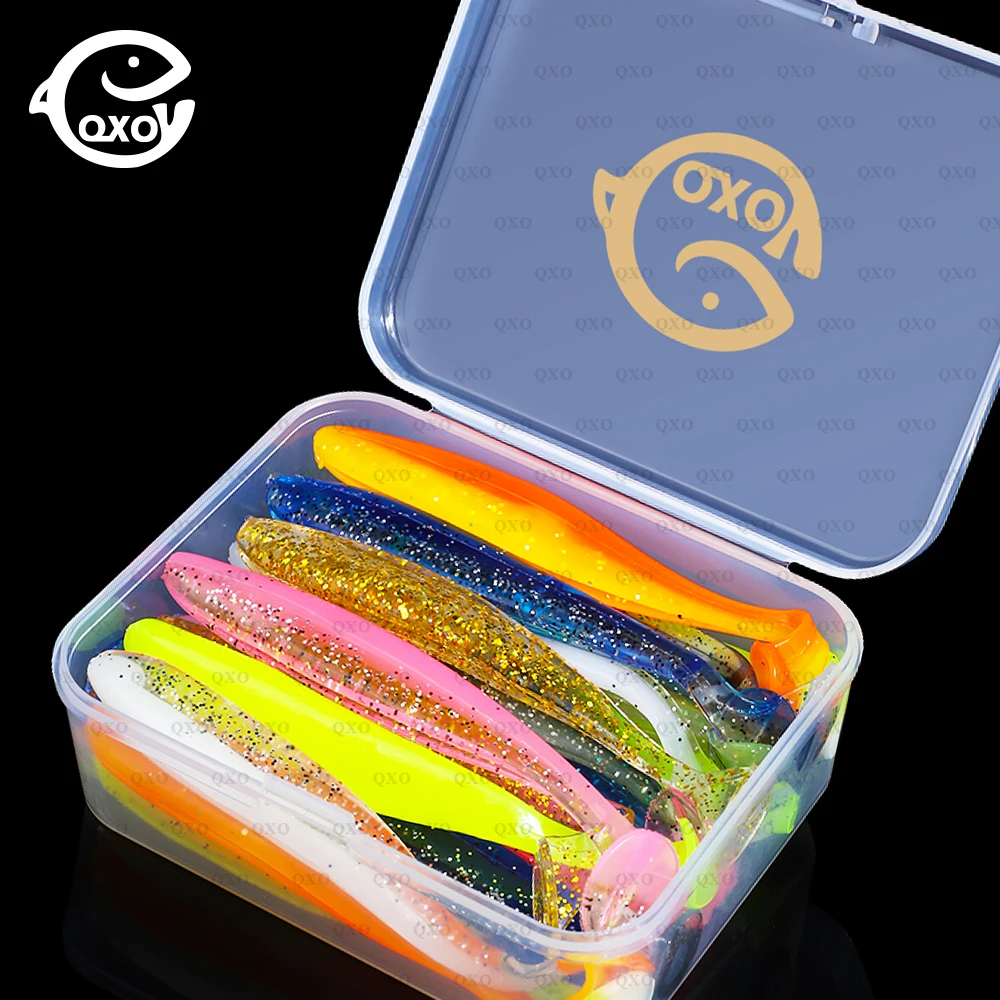 QXO 낚시 소프트 루어 웜 박스 실리콘 미끼 스윔 베이트 스트리머 바다 낚시 스푼 루어 7cm 10cm 워블러 세트, 박스 포함 