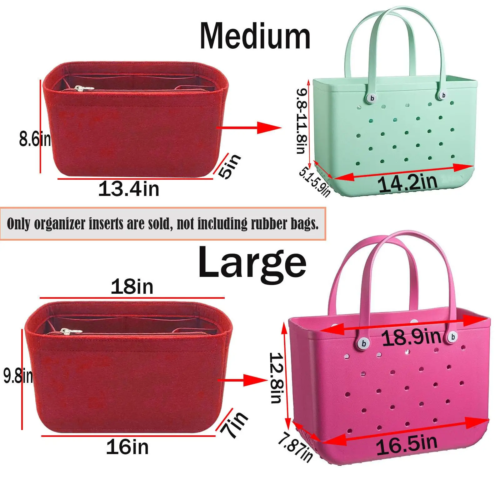 Rubber Beach Bag Organizer Liner Compatible with Bogg Bag/Simply Southern Tote, Felt Insert Divider Pouch Zipper for Bags Access