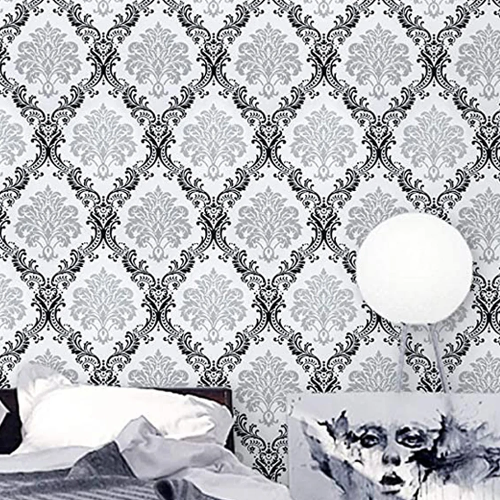 

White Black Peel and Stick Wallpaper Damascus Wall Paper Silver Flower Damask Wallpaper Contact Paper Self Adhesive Vinyl Film