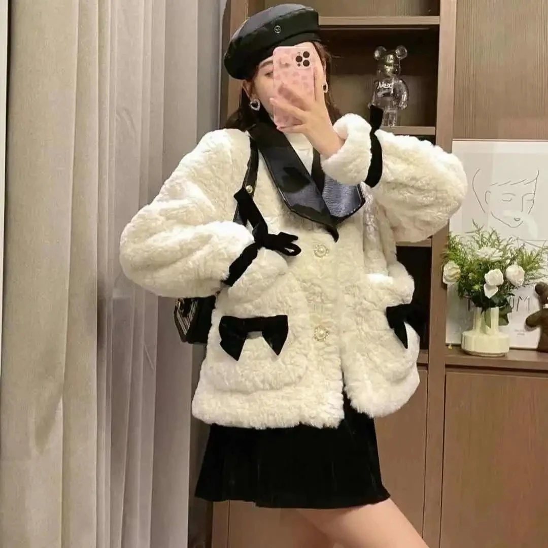 

Faux Rabbit Fur Cropped Coat Women Korean Fashion Bow Lapel Quilted Cotton Jacket Winter Thick Elegant Fleece Outerwear