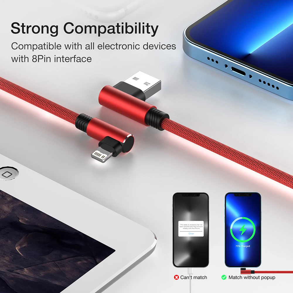 Premium Right-Angle Lightning USB Charging Cable - Available in Multiple Lengths