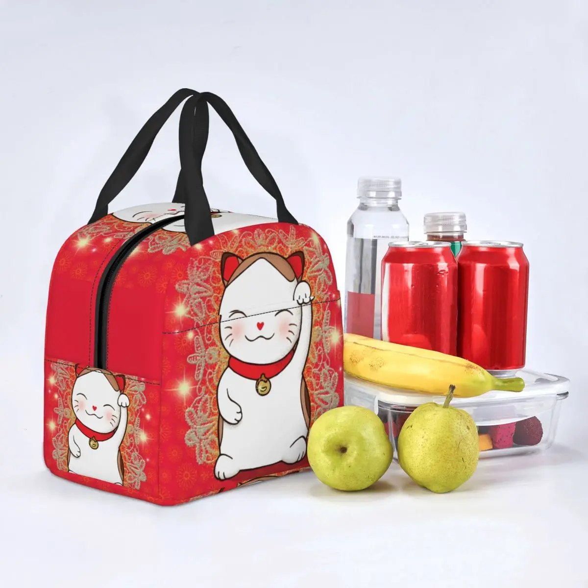 Cute Maneki Neko Waving Insulated Lunch Tote Bag for Women Japanese Lucky Cat Resuable Thermal Cooler Bento Box Camping Travel