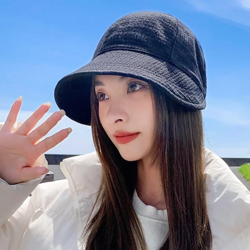 New Hat Women's Autumn Waffle Bucket Hat Women's Solid Color Drawstring Peaked Cap Wide Brim Sunshade Fisherman Hats Sunshade