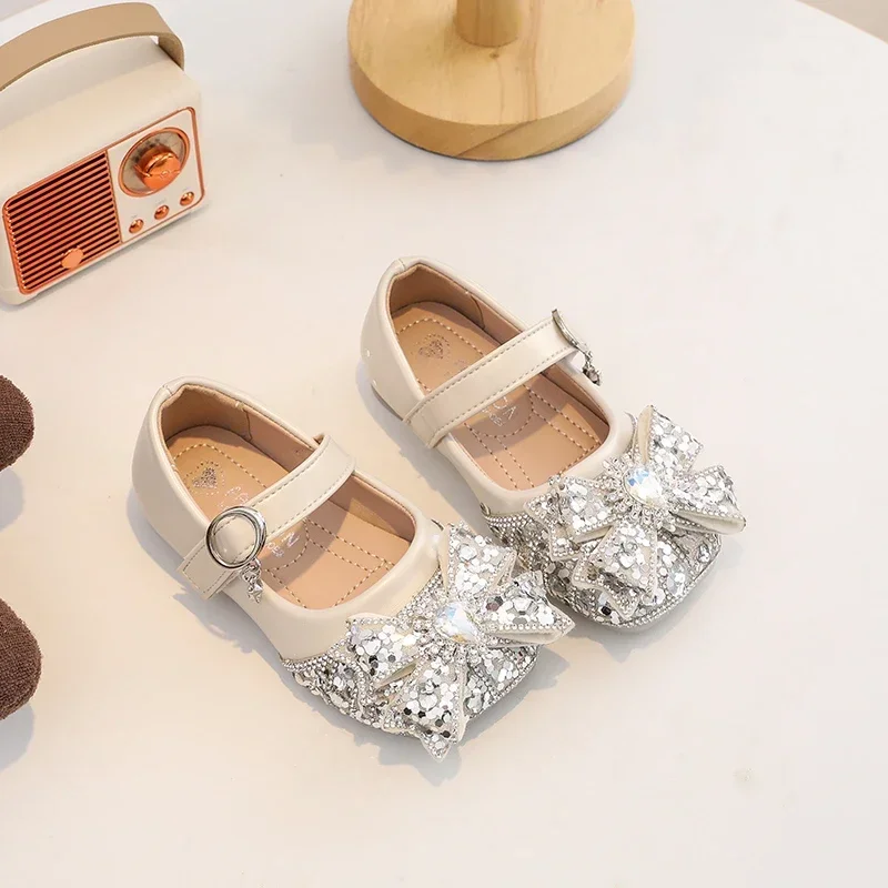 Leather Kids Shoes with Sequins and Bows for Girls