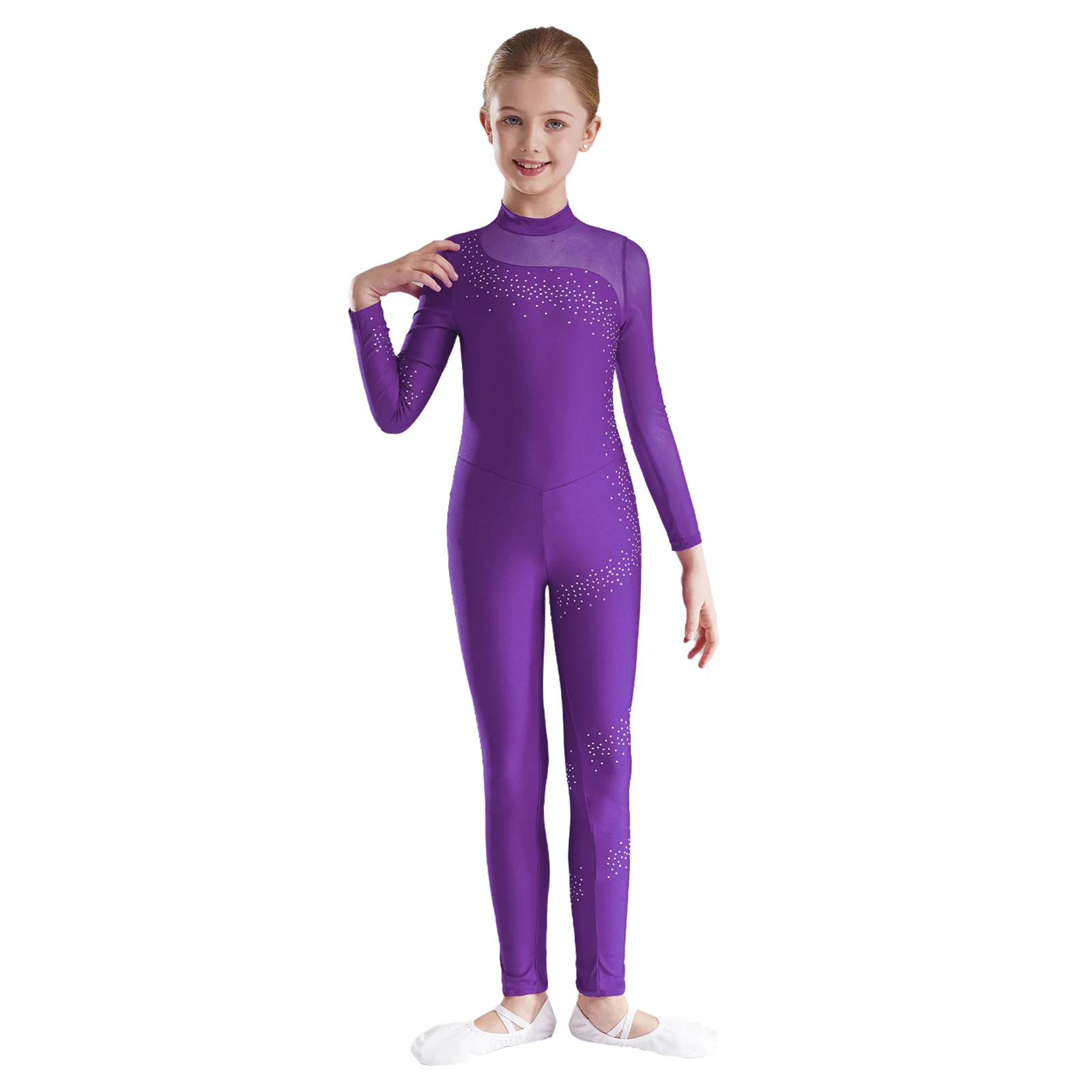 

Kids Girls Long Sleeve Ballet Dance Leotard Rhinestones Sheer Mesh Patchwork Yoga Skating Gymnastics Workout Bodysuit Jumpsuit